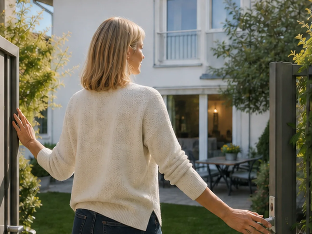 Eigentümerin vor ihrem Wohnhaus mit Garten